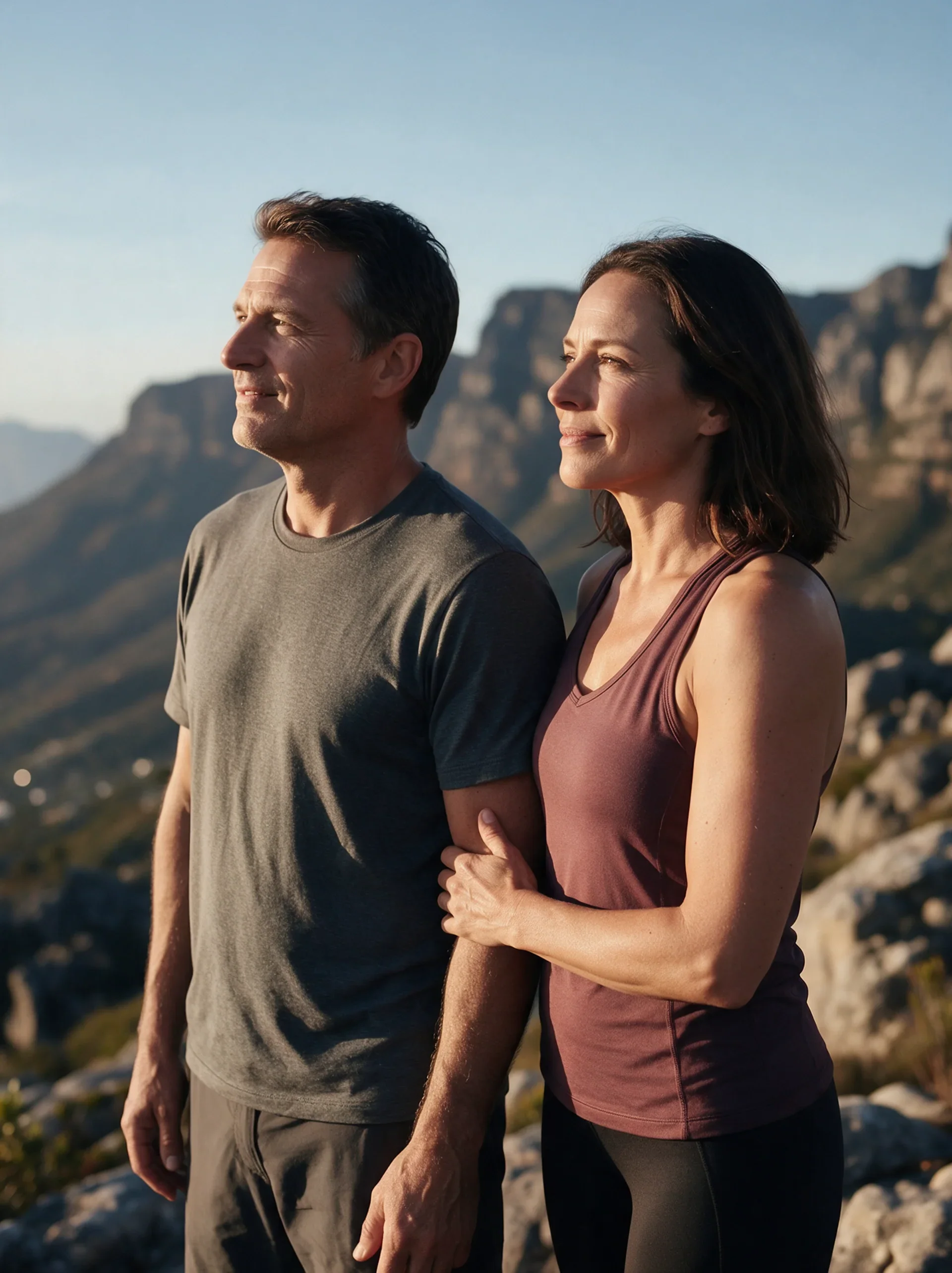 A couple standing together outdoors in the mountains, at ease.
